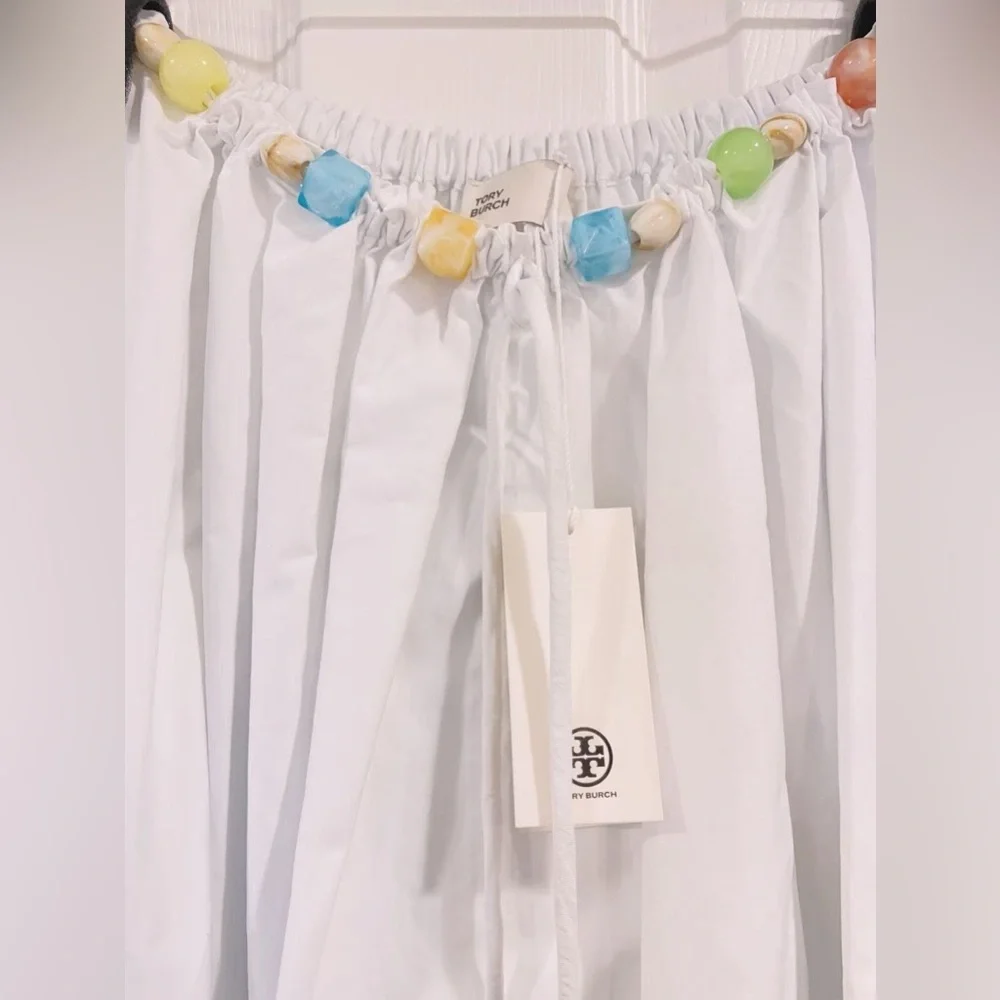 NWT $398 Tory Burch Beaded Cotton Poplin Skirt In White